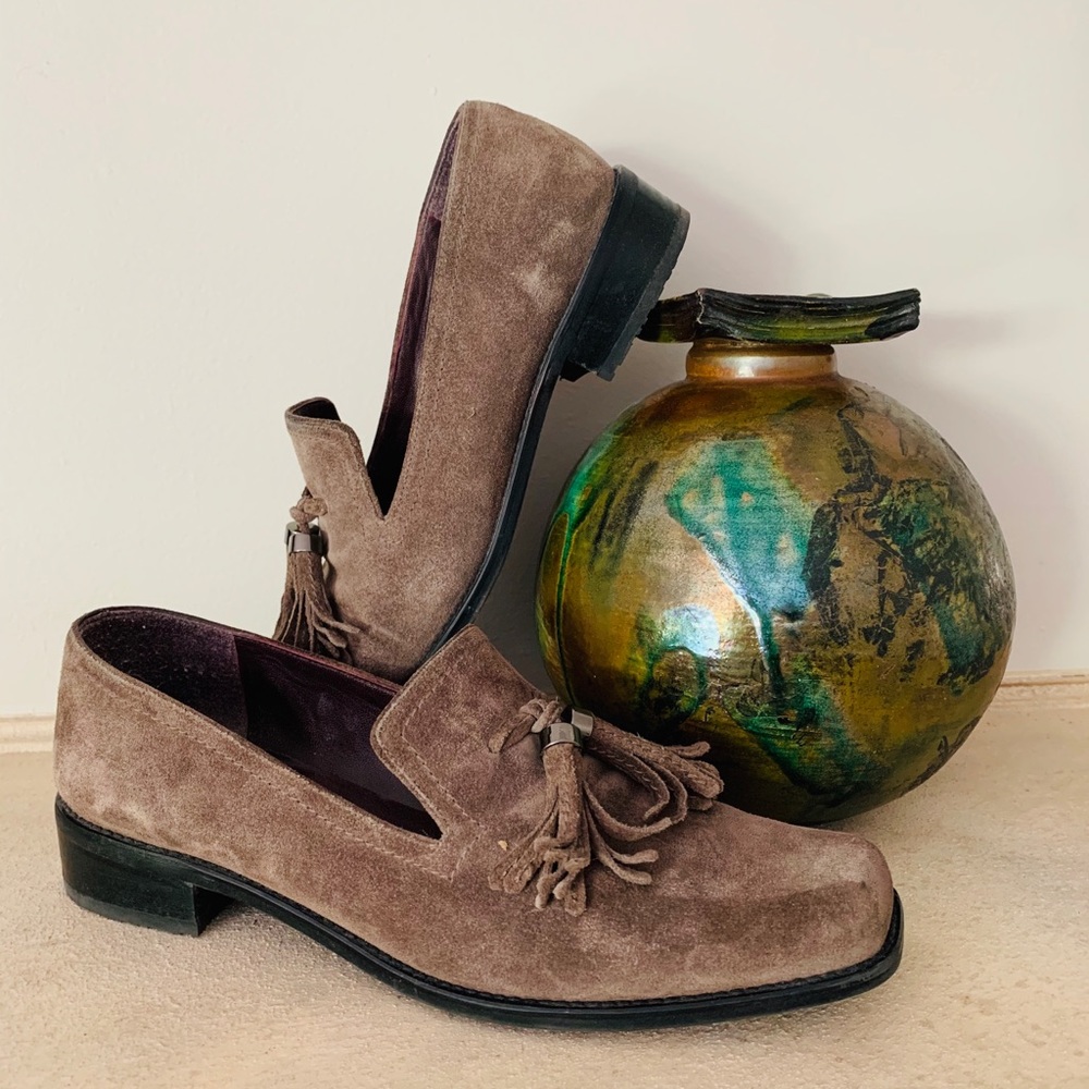 Stuart Weitzman Taupe Suede Tasseled Loafers
